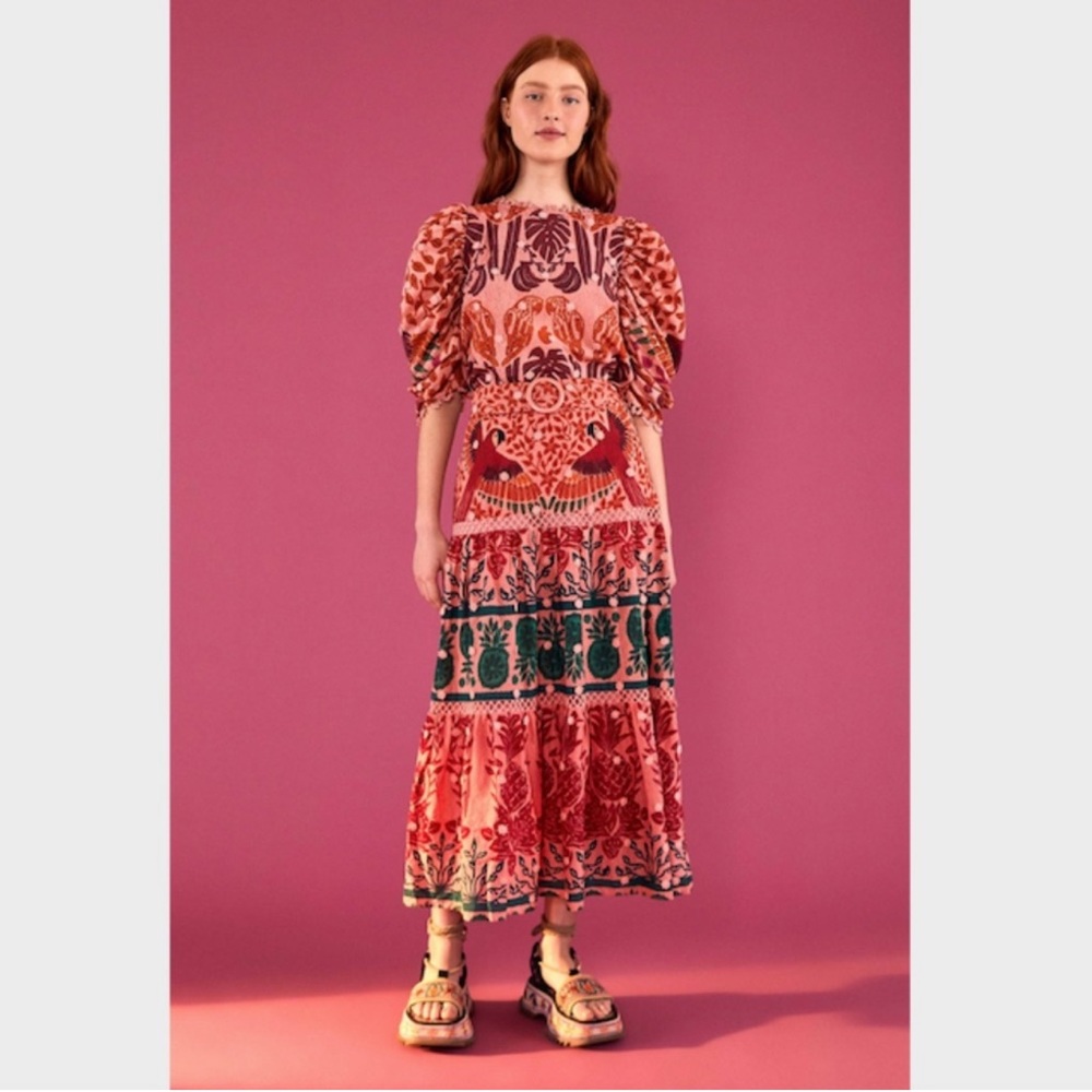 Farm Rio Ainika Print Macaws 3D Flower Apliques Maxi Skirt